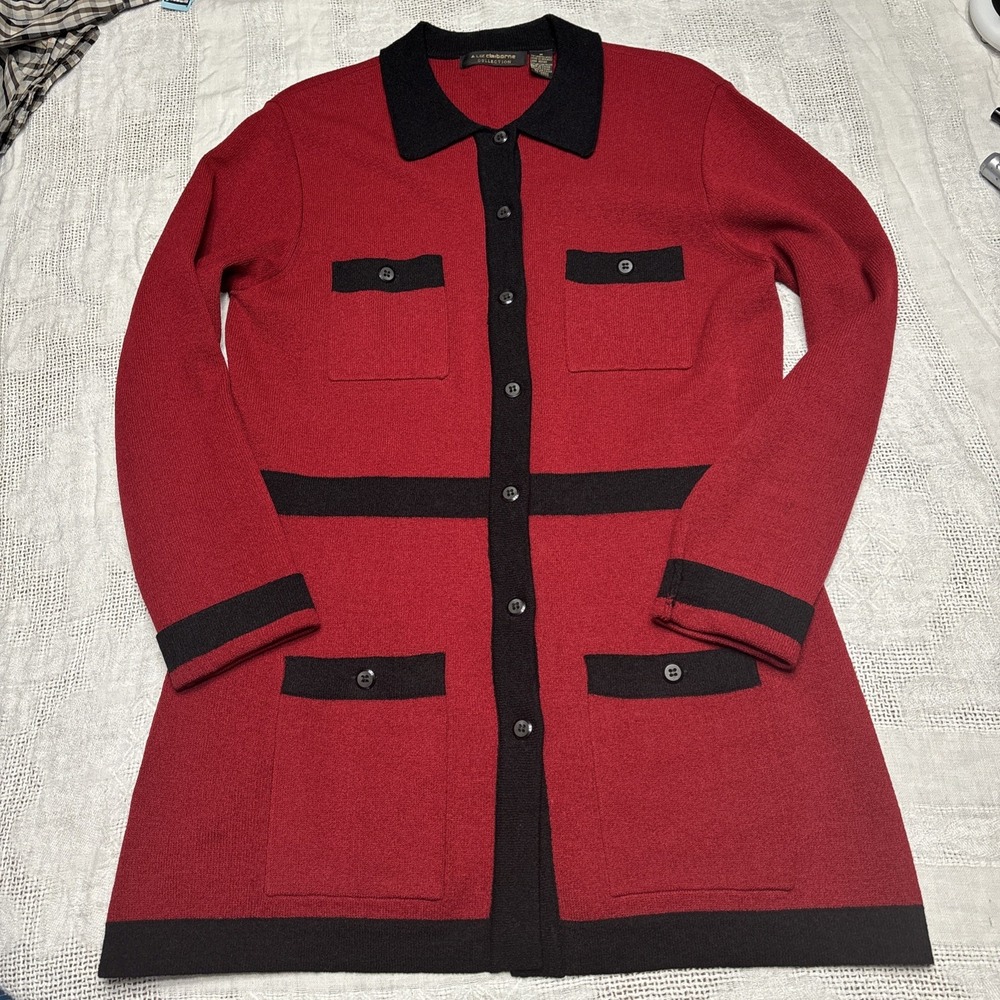 Vtg 90s Liz Claiborne M Deep Red Black‎ Merino Wool Long Cardigan Sweater Jacket